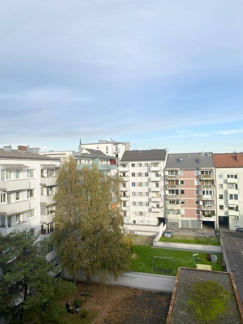 Weitläufiger Blick über die umliegende Wohngegend mit Grünflächen und Gebäuden.