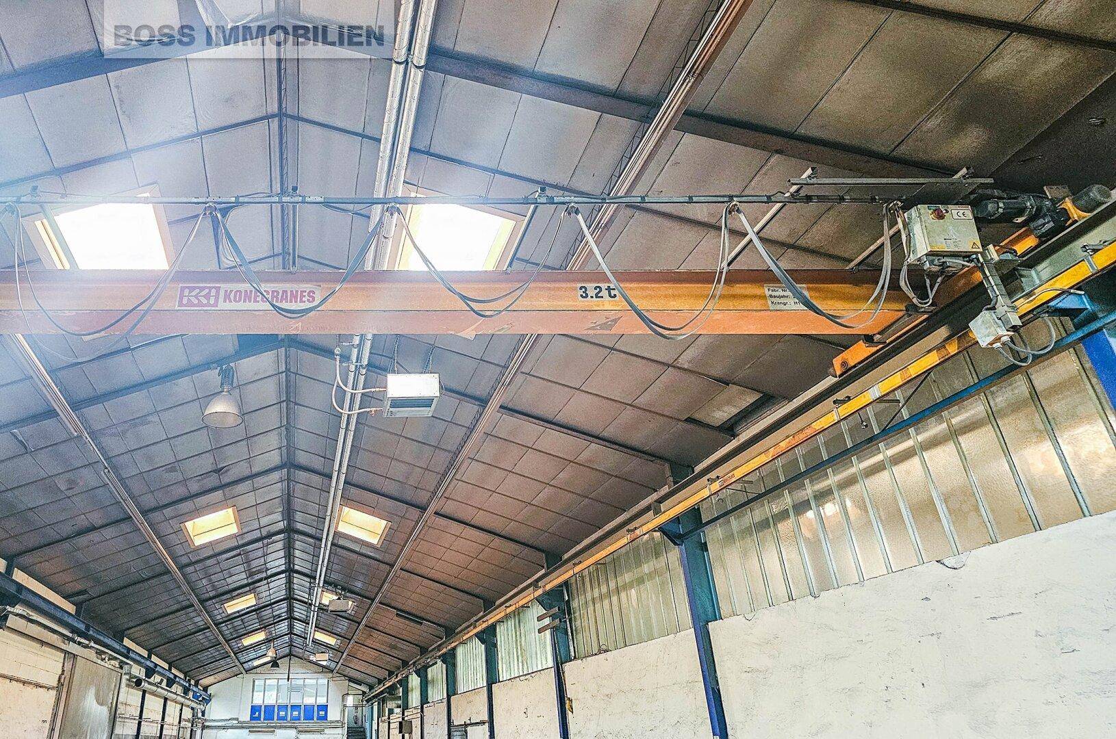 Detailansicht des Krans und der hohen Deckenstruktur mit Oberlichtern in der Industriehalle.