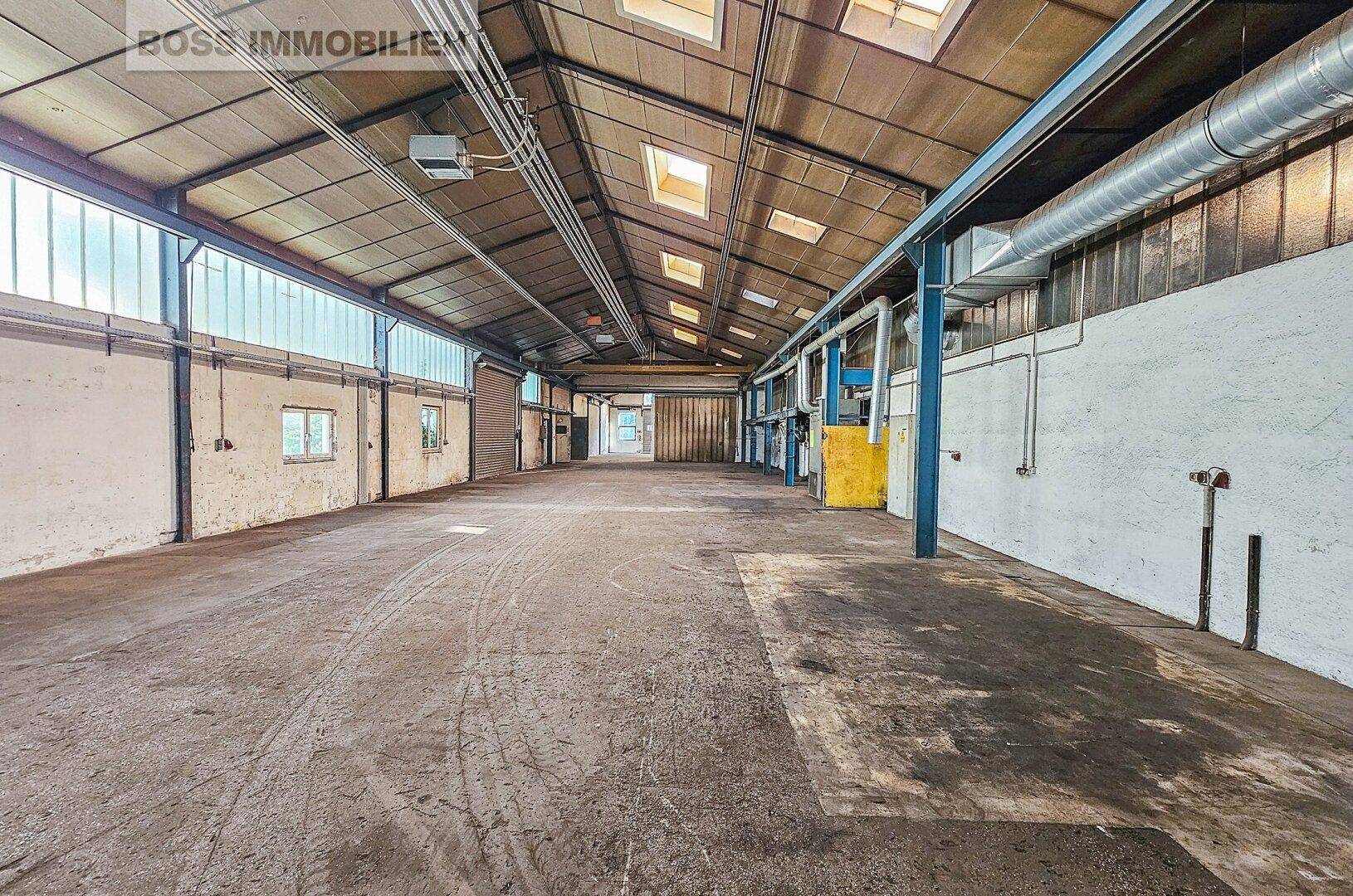 Weitläufige Lagerhalle mit Betonboden, hohen Decken und Oberlichtern, bereit zur Nutzung.