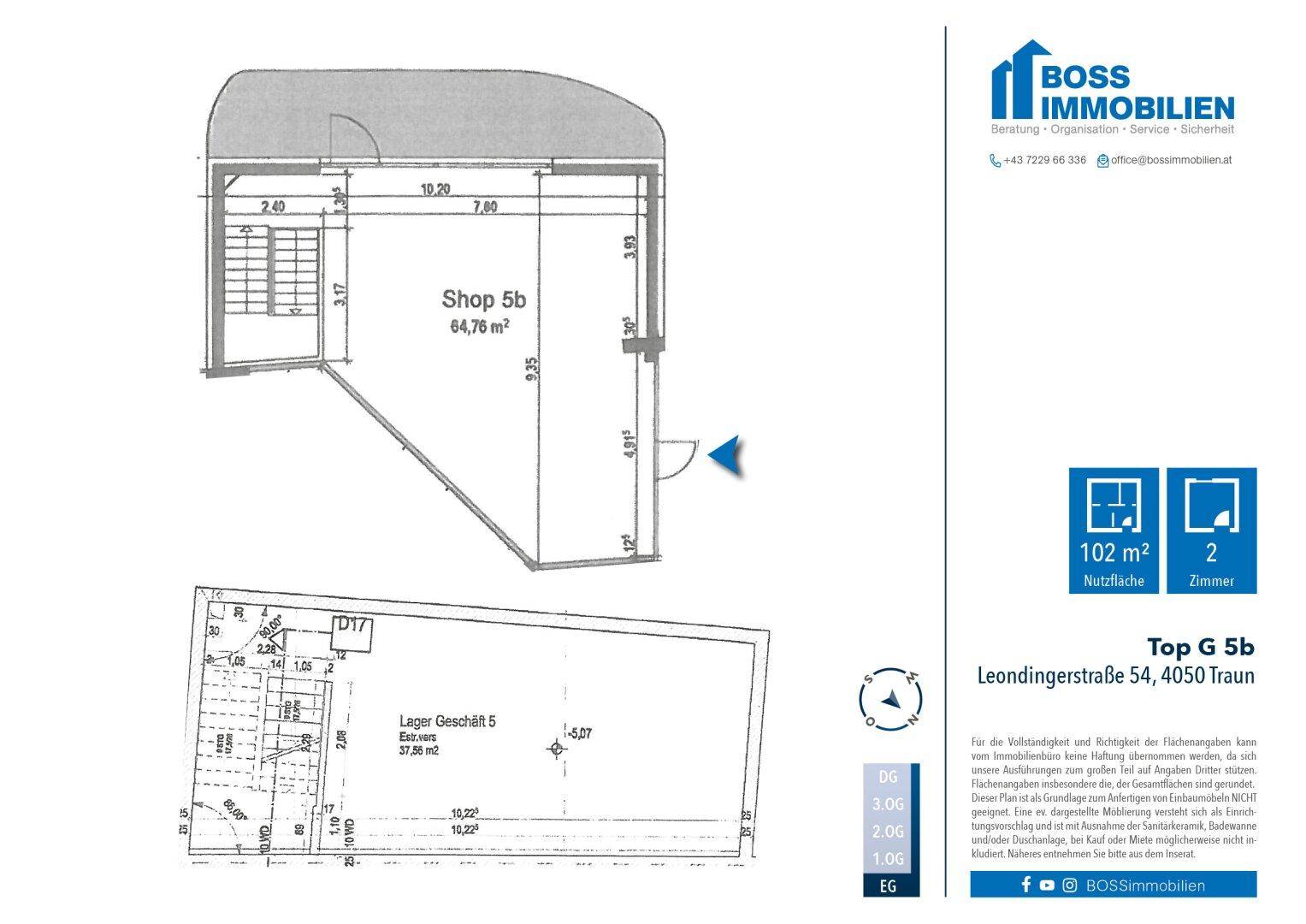 Grundriss für ein Geschäftslokal (Shop 5b) und ein Lager mit Flächenangaben und Treppenhaus.