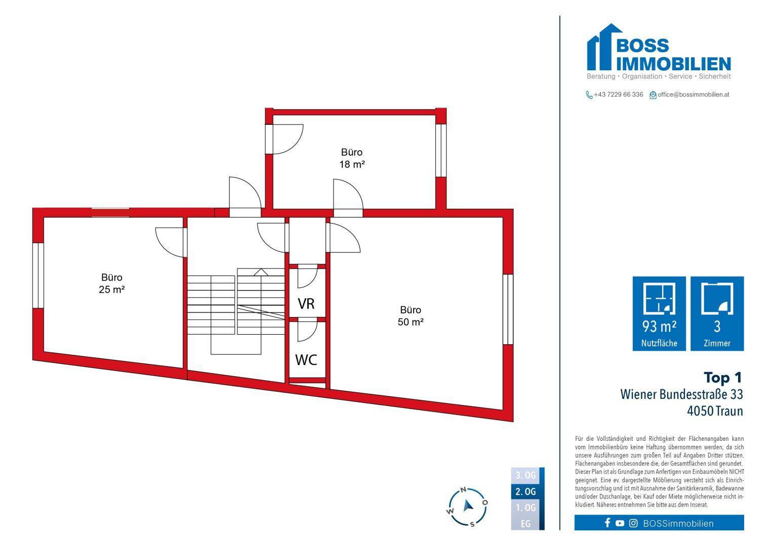 Übersichtlicher Grundrissplan mit drei Büroräumen, WC und Vorraum, ideal für gewerbliche Nutzung.