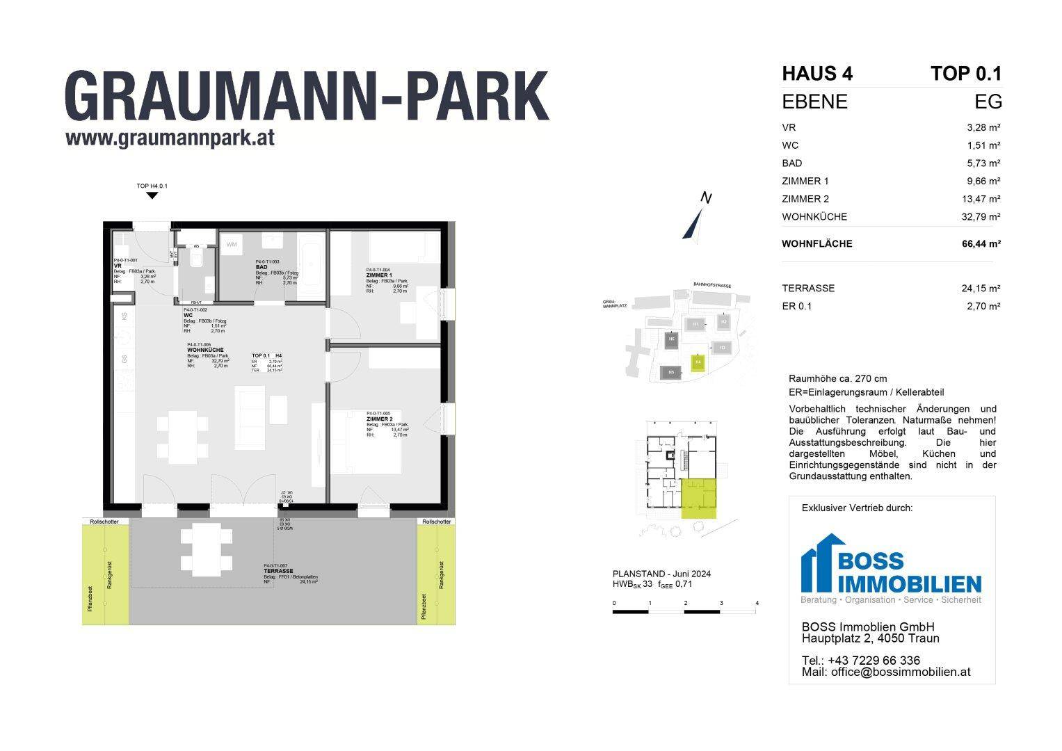 Grundriss für eine Wohnung im Graumann-Park mit Terrasse und offenem Wohnbereich.