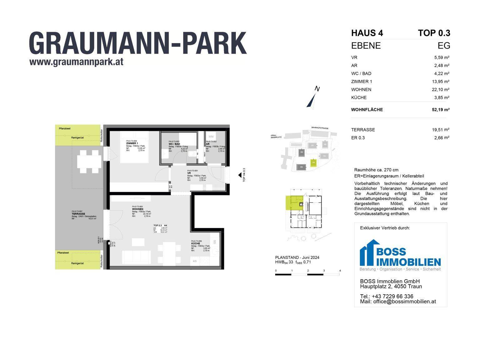 Detaillierter Grundriss für eine Erdgeschosswohnung mit Terrasse und mehreren Zimmern.