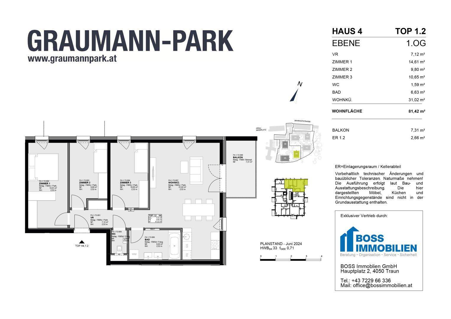 Grundriss für eine 81,42 m² große Wohnung mit drei Zimmern, Bad, WC und Balkon im ersten Obergeschoss.