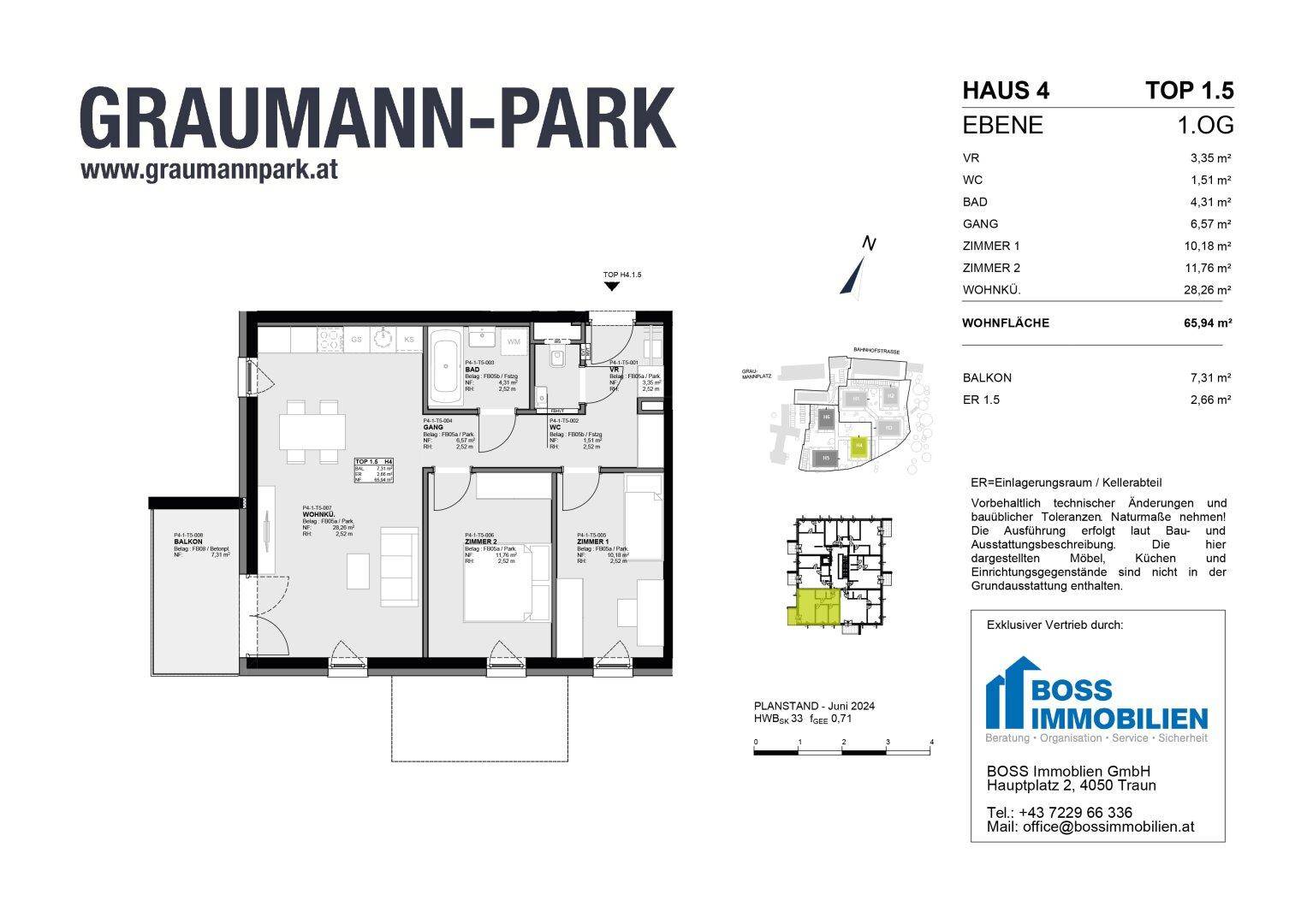 Grundriss einer Wohnung im Obergeschoss mit offenem Wohnbereich, zwei Bädern und Balkon.