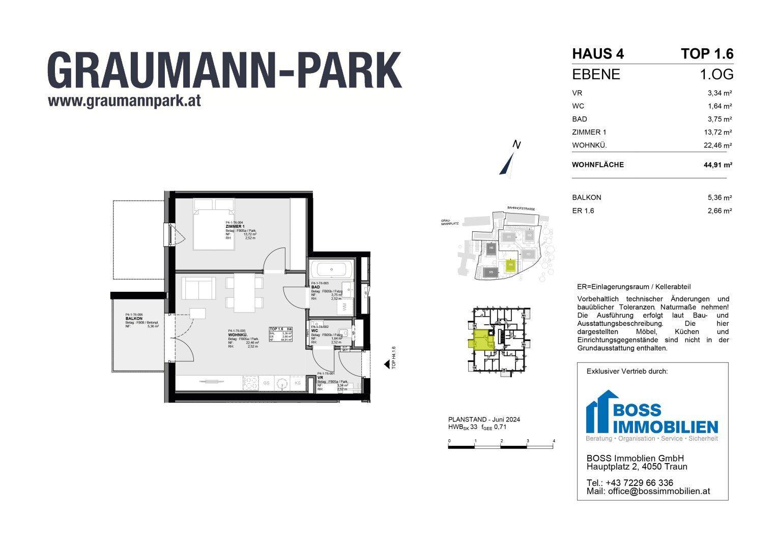 Grundriss einer Wohnung mit einem Schlafzimmer, Bad und offenem Wohnbereich.