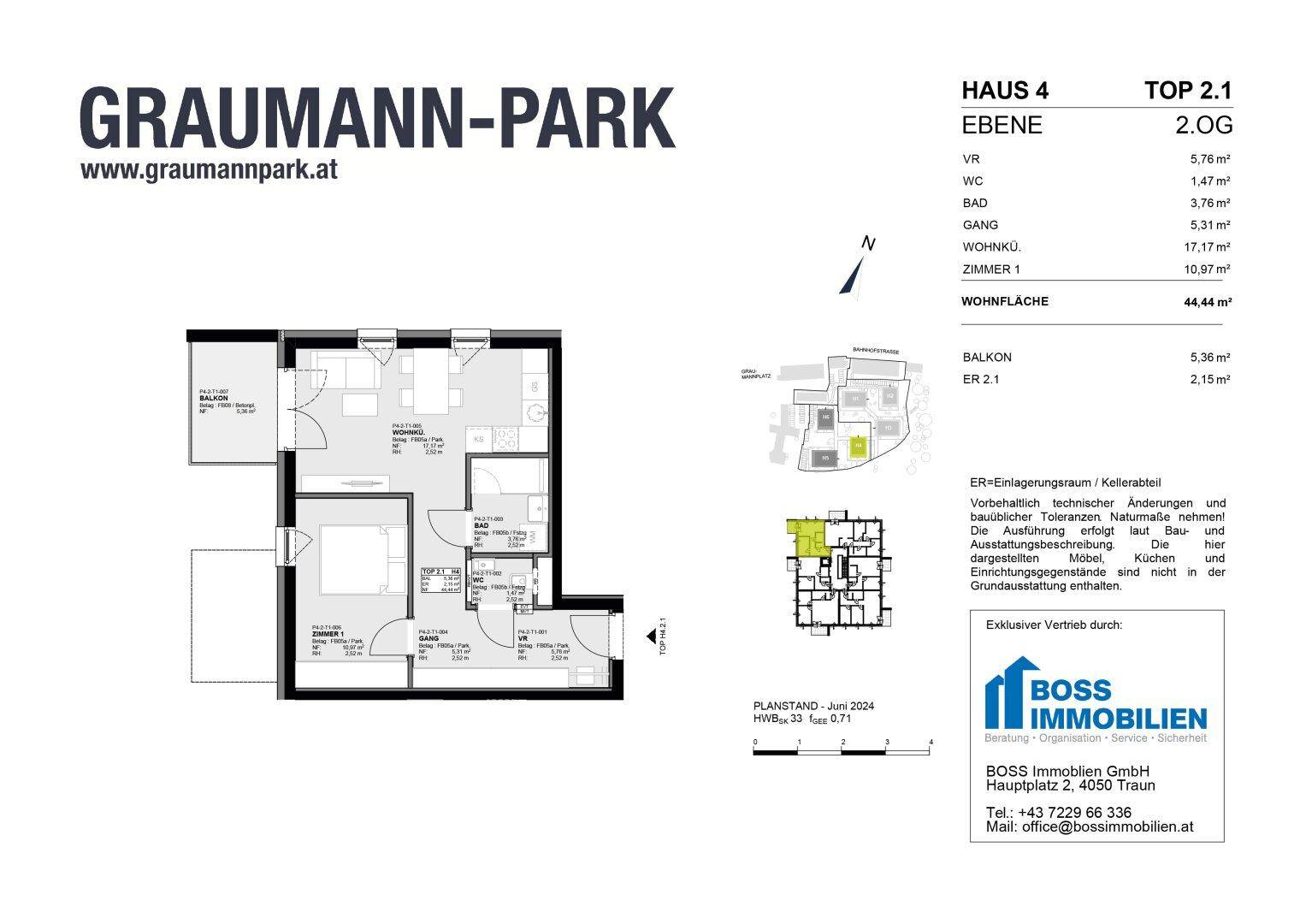Grundriss für eine Wohnung im Graumann-Park, Haus 4, Top 2.1, mit Balkon und Raumaufteilung.
