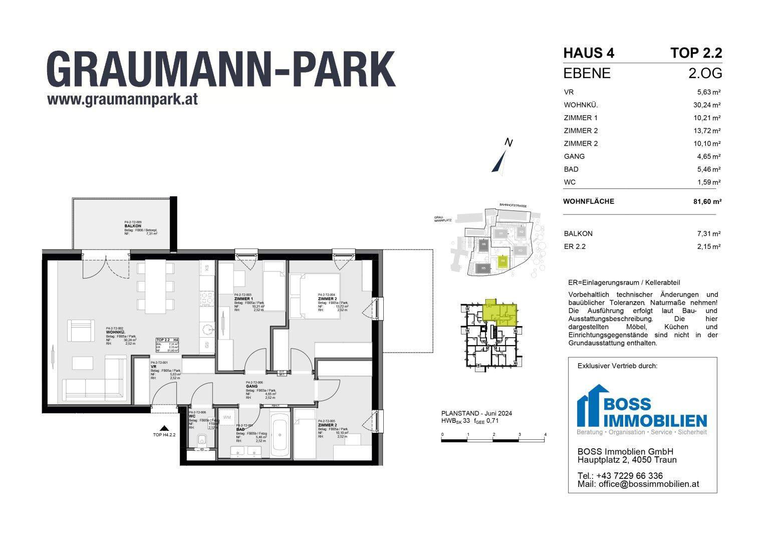 Grundrissplan einer Wohnung im zweiten Obergeschoss mit Balkon und separatem WC.