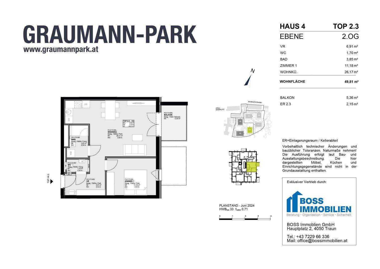 Grundriss einer Wohnung mit offenem Wohnbereich und Balkon.