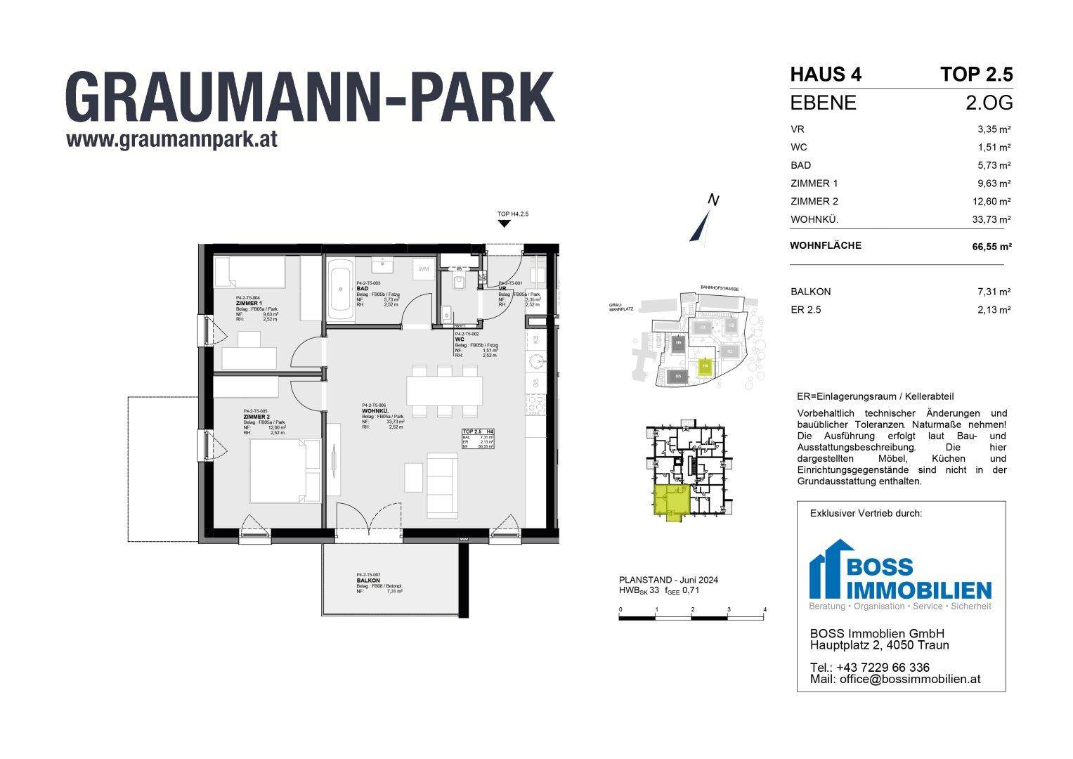 Grundriss einer Wohnung mit drei Zimmern, offenem Wohnbereich und Balkon.