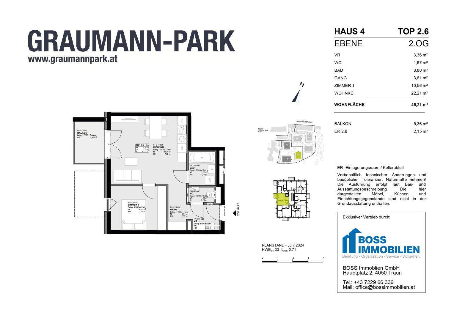 Grundriss einer modernen Wohnung mit offenem Wohnbereich, Schlafzimmer, Bad und Balkon.