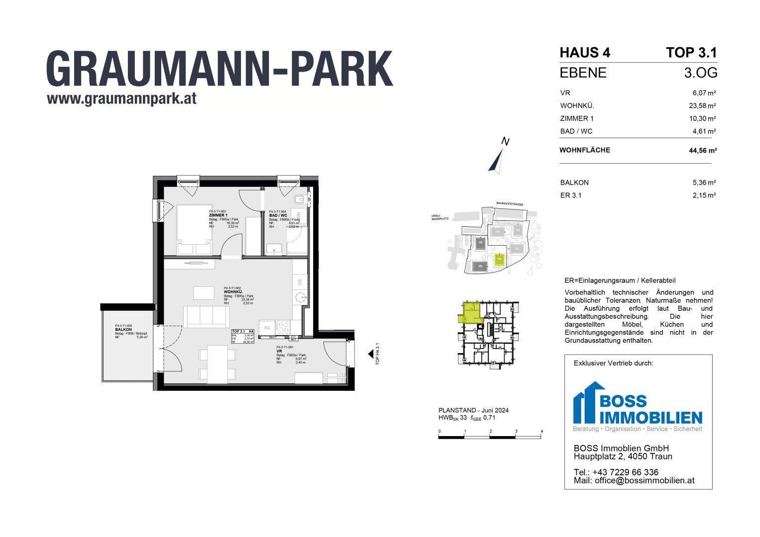 Grundriss für eine Wohnung mit Wohnzimmer, Küche, Schlafzimmer und Balkon.