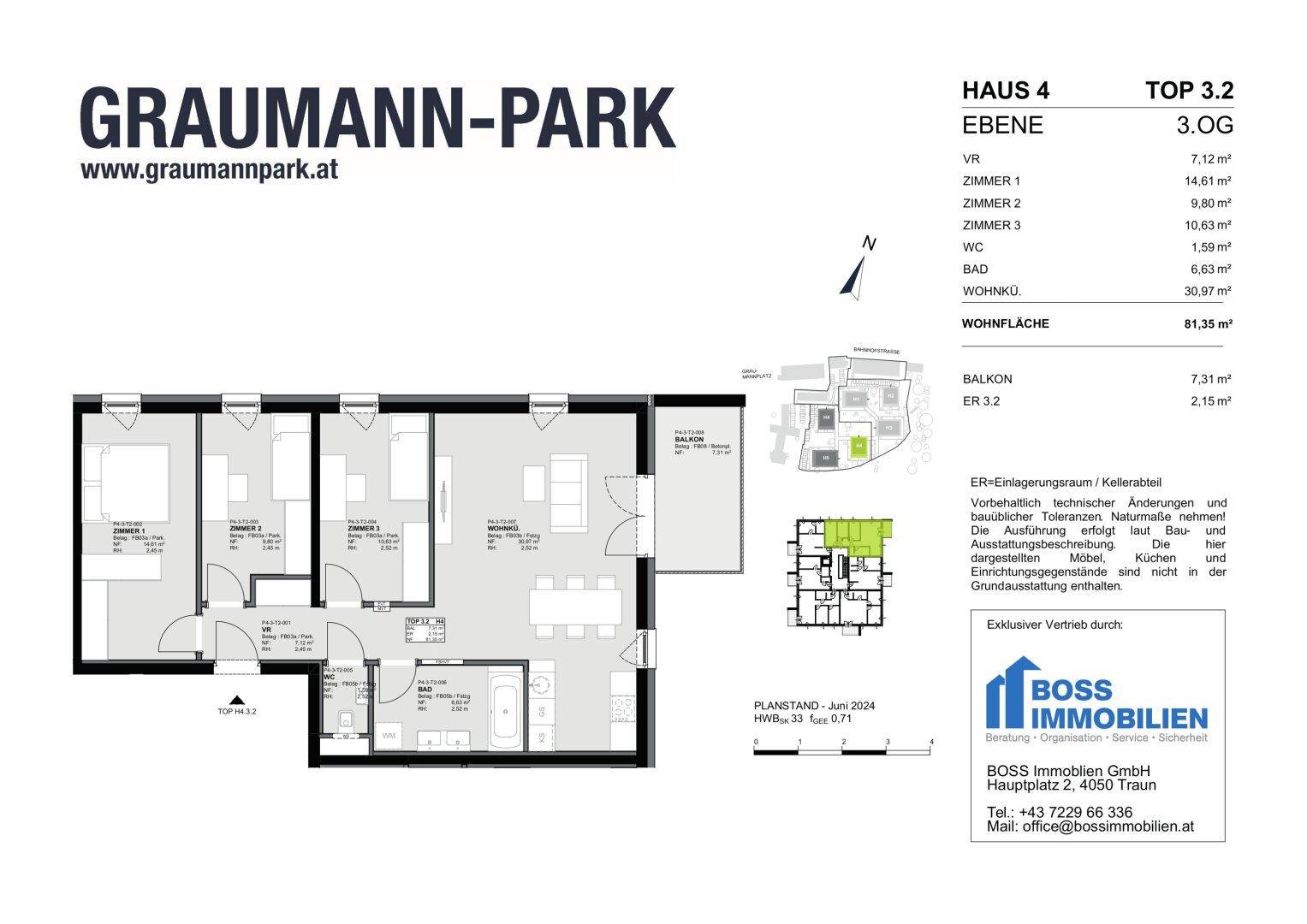 Grundriss einer 3-Zimmer-Wohnung im dritten Obergeschoss mit Balkon und offener Wohnküche.