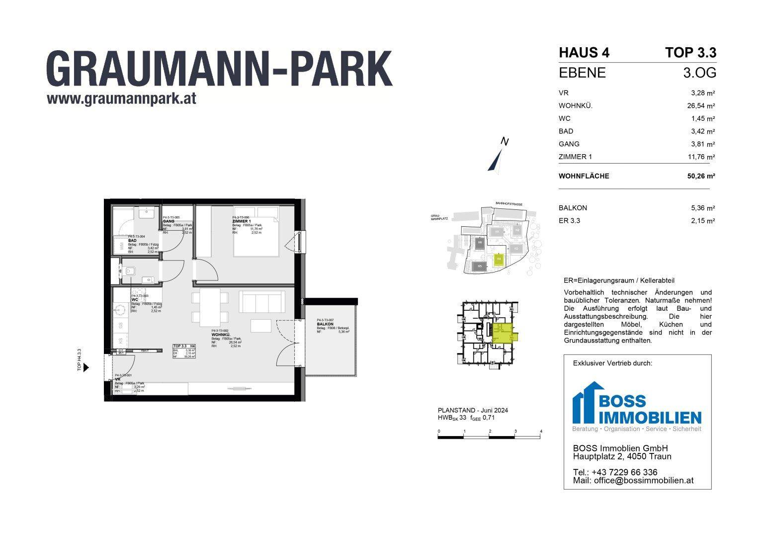 Grundriss einer Wohnung mit Wohnküche, Schlafzimmer, Bad, WC und Balkon.