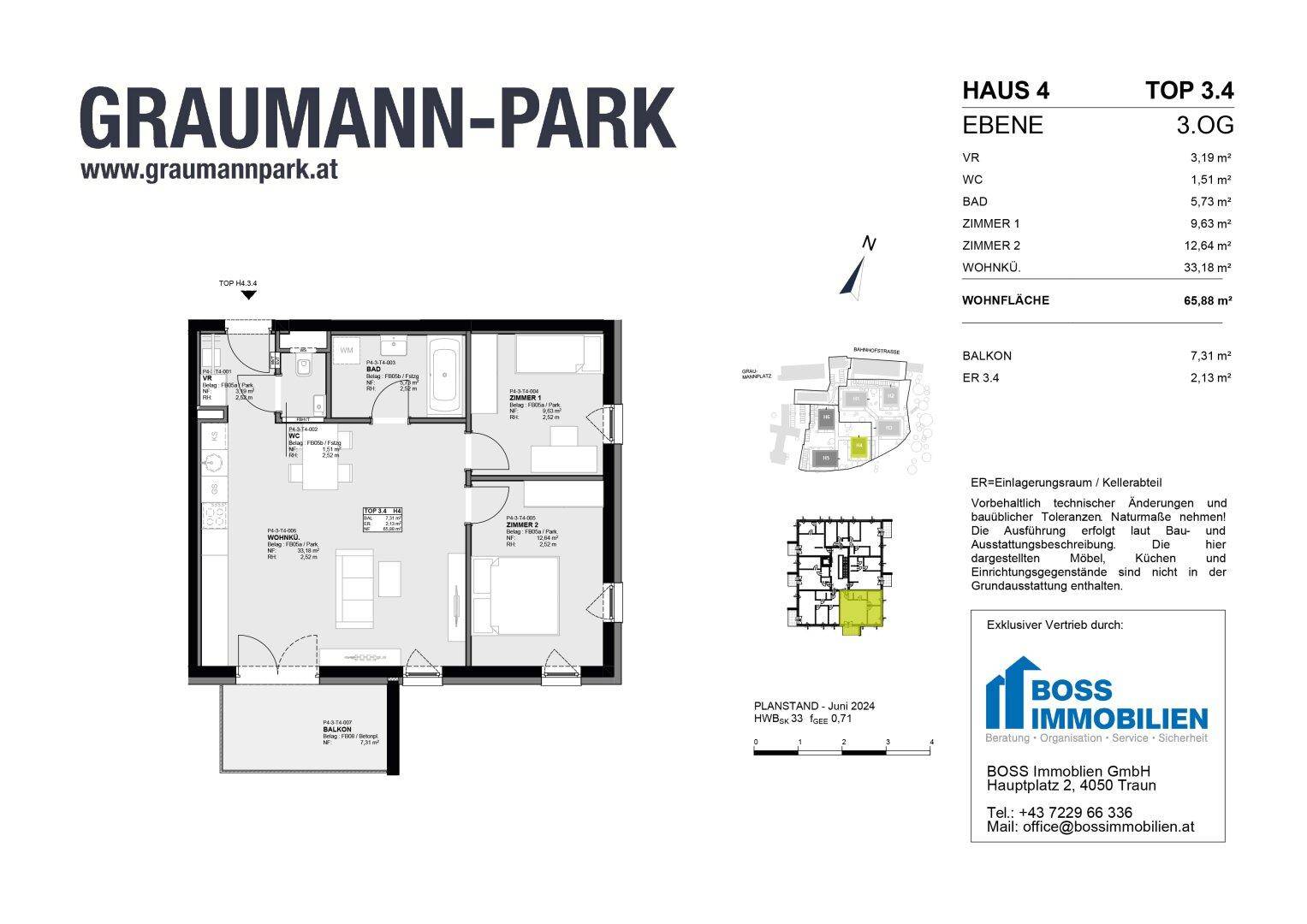 Detaillierter Grundriss einer 3-Zimmer-Wohnung mit offenem Wohnbereich und Balkon.