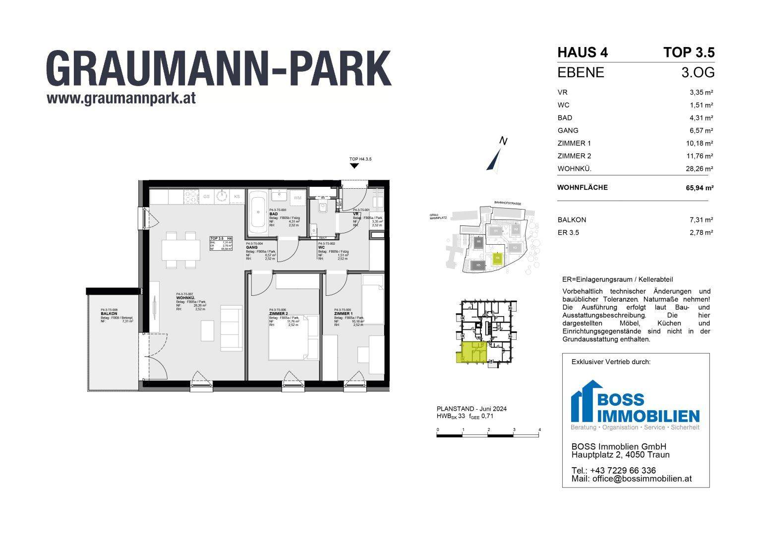 Grundriss einer modernen 3-Zimmer-Wohnung mit offenem Wohnbereich und Balkon.