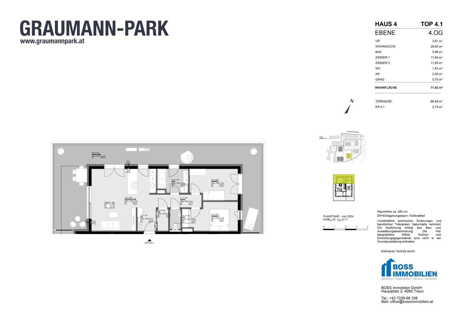 Grundriss für Haus 4, Top 4.1, mit Wohnfläche von 71,43 m² und Terrasse.