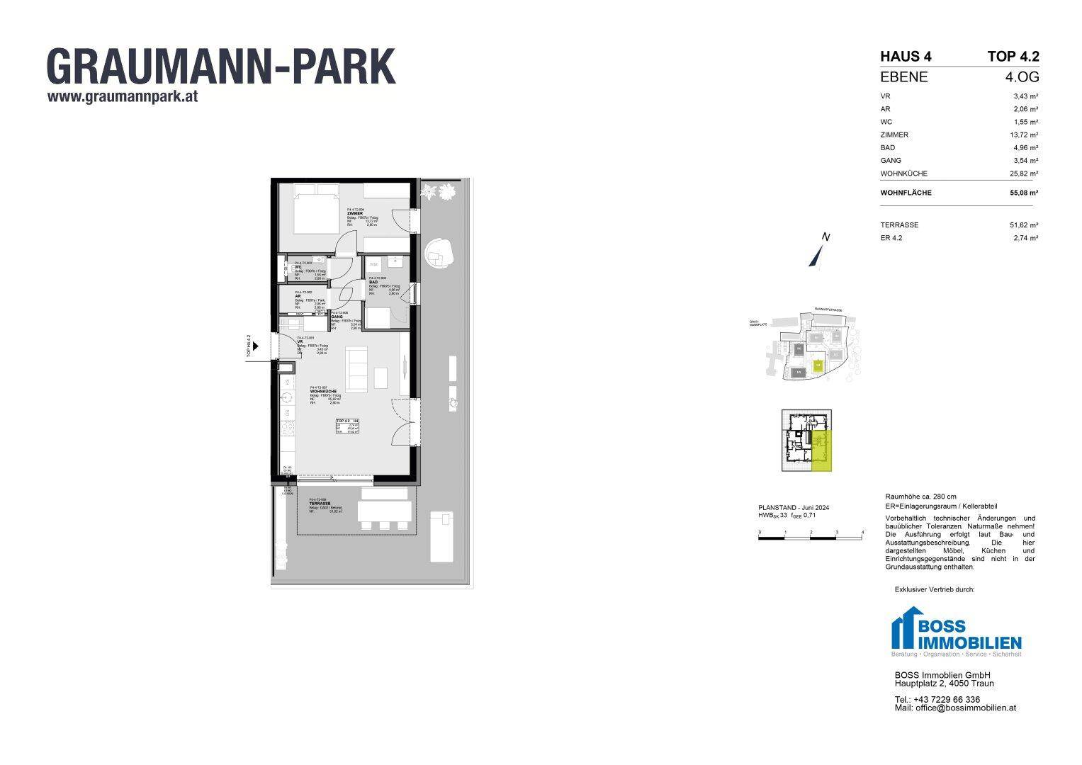 Grundriss für Top 4.2 im 4. Obergeschoss des Hauses 4 im Graumann-Park.
