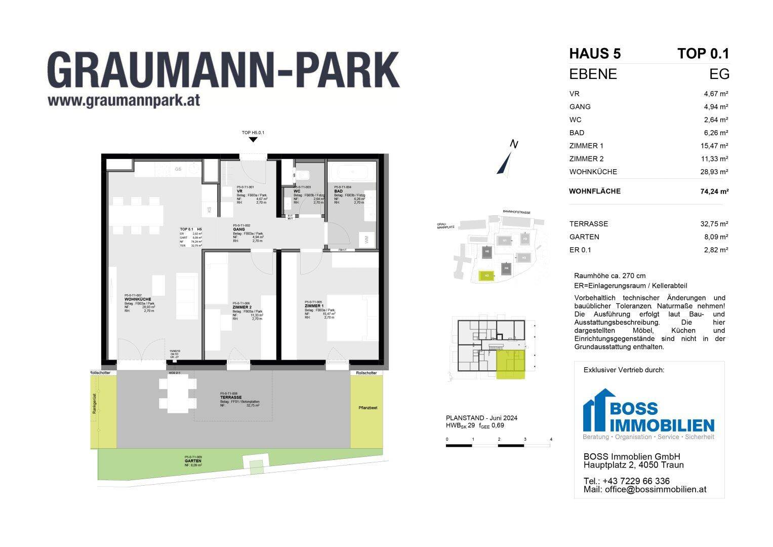 Grundriss einer Erdgeschosswohnung mit offener Wohnküche, zwei Schlafzimmern, Terrasse und Garten.