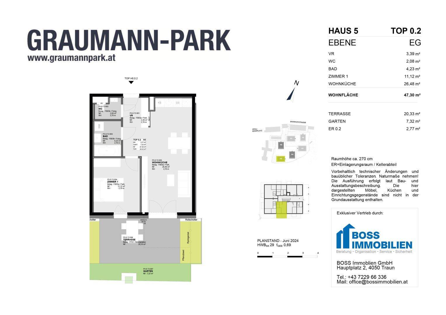 Grundriss für Haus 5, Ebene EG, mit Wohnküche, Terrasse und Gartenbereich.