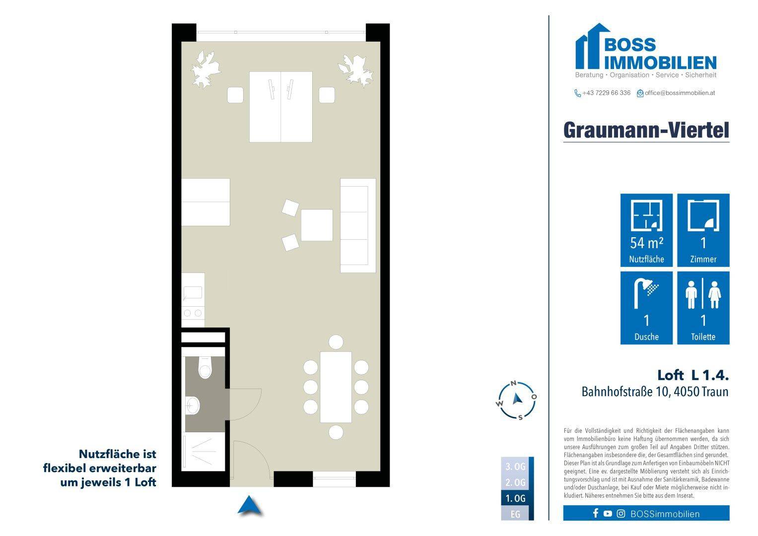 Grundriss eines Lofts mit offenem Wohnbereich, separatem Bad und flexibel erweiterbarer Nutzfläche.