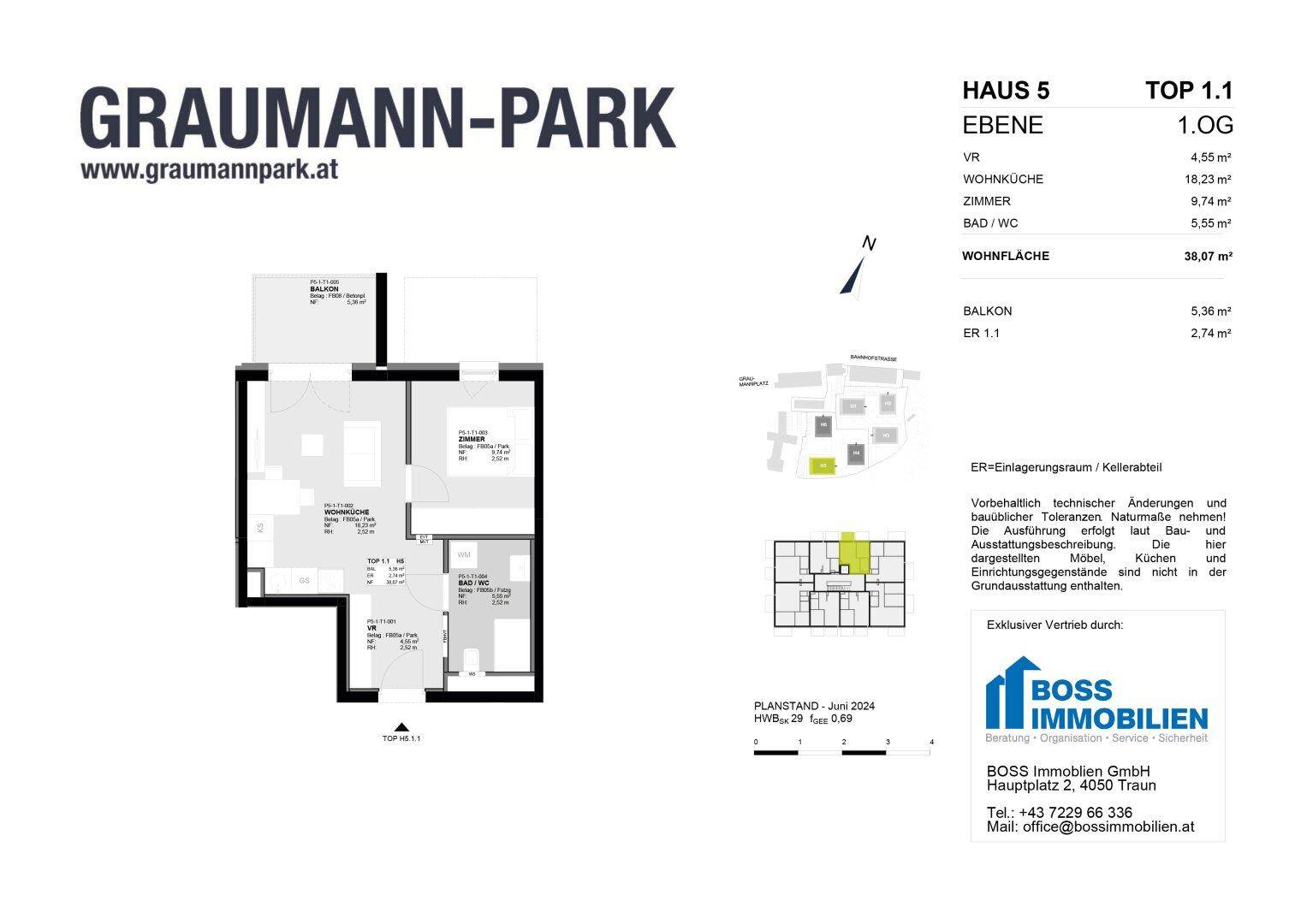 Grundriss für eine Wohnung im Graumann-Park, Haus 5, Top 1.1 mit Balkon.