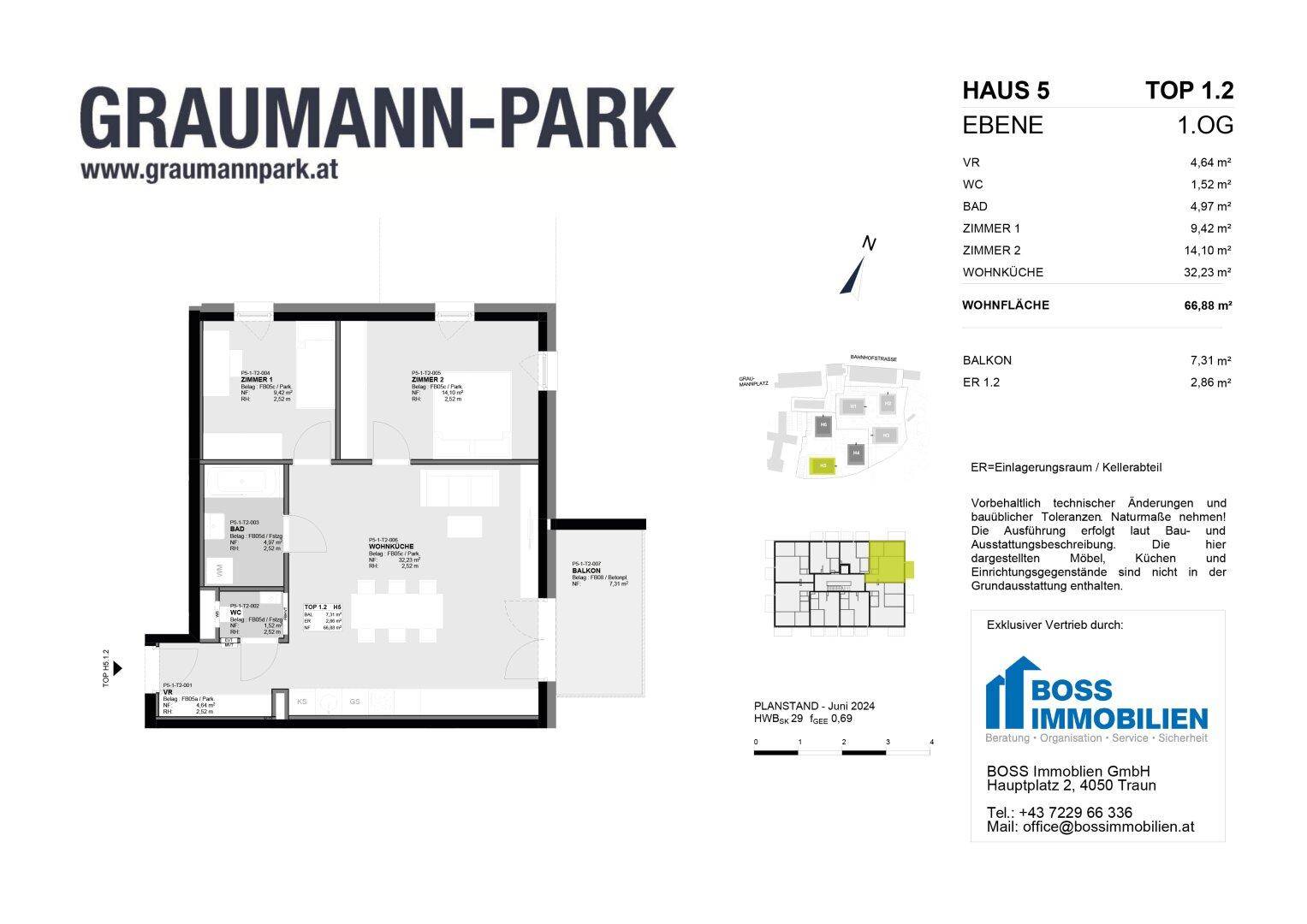 Detaillierter Grundriss für Wohnung Top 1.2 in Haus 5 des Graumann-Parks mit Raumaufteilung.