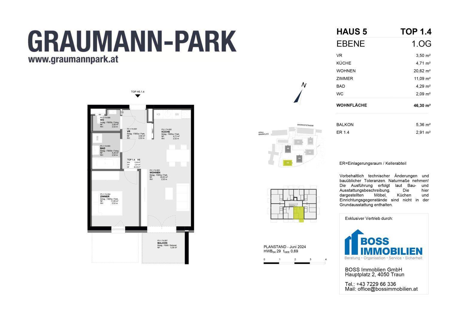 Detaillierter Grundriss einer Wohnung im ersten Obergeschoss mit Balkon und Raumaufteilung.