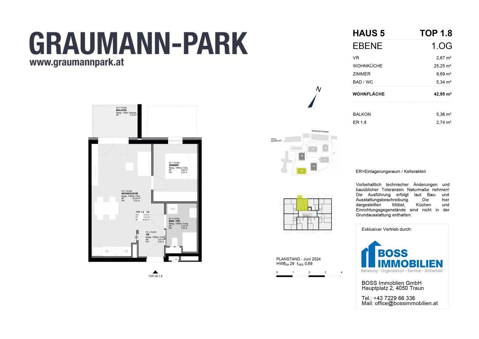 Grundriss einer Wohnung mit Wohnküche, Schlafzimmer und Balkon im ersten Obergeschoss des Graumann-Parks.