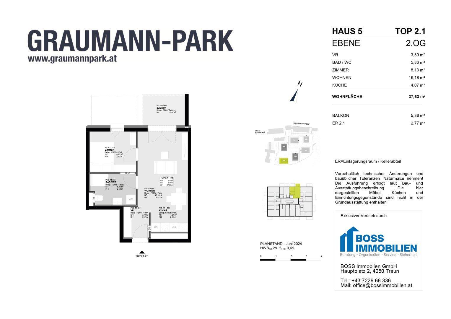 Grundriss einer Wohnung im zweiten Obergeschoss mit Balkon und separater Küche.