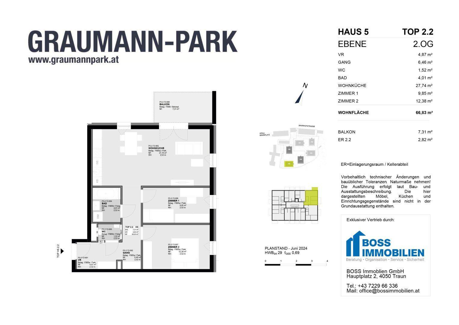 Grundriss einer Wohnung mit offenem Wohnbereich, zwei Schlafzimmern und Balkon.