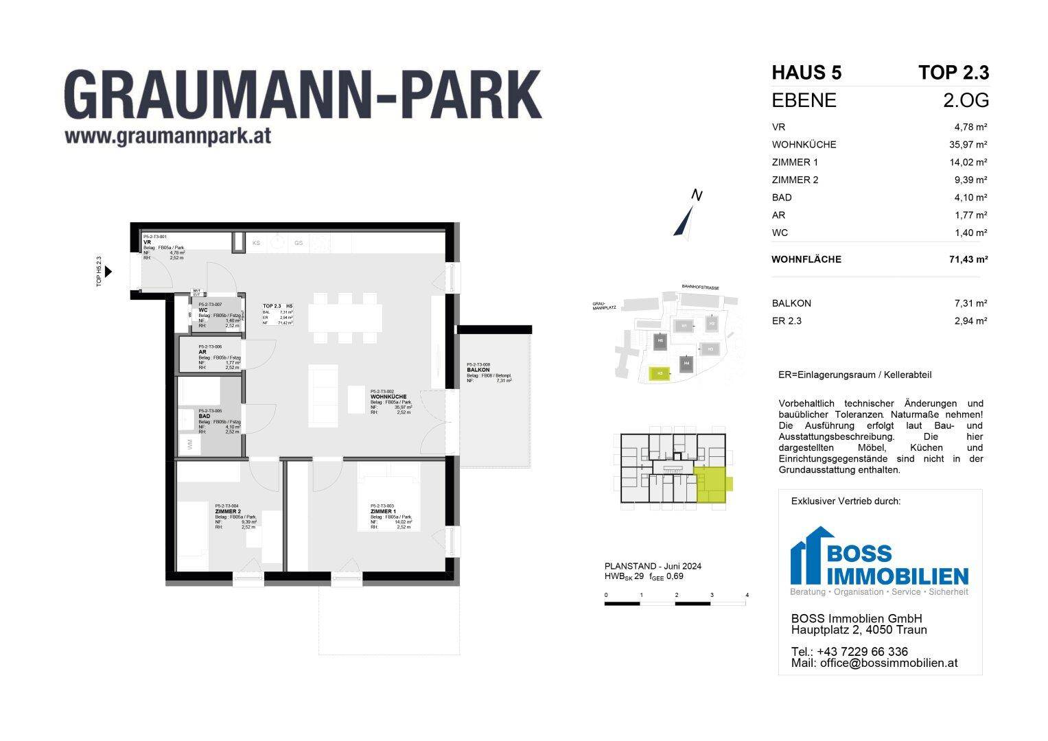 Grundriss für eine 2-Zimmer-Wohnung im zweiten Obergeschoss mit Balkon und separatem WC.