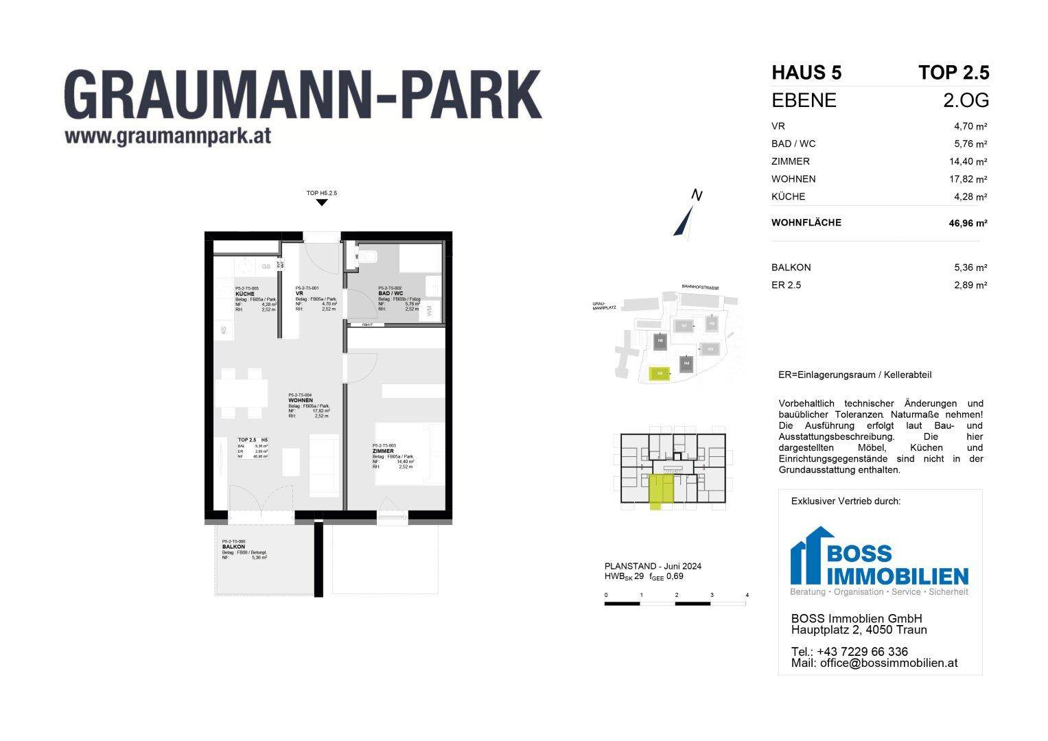 Grundriss für eine Wohnung im zweiten Obergeschoss mit Balkon und separatem WC.