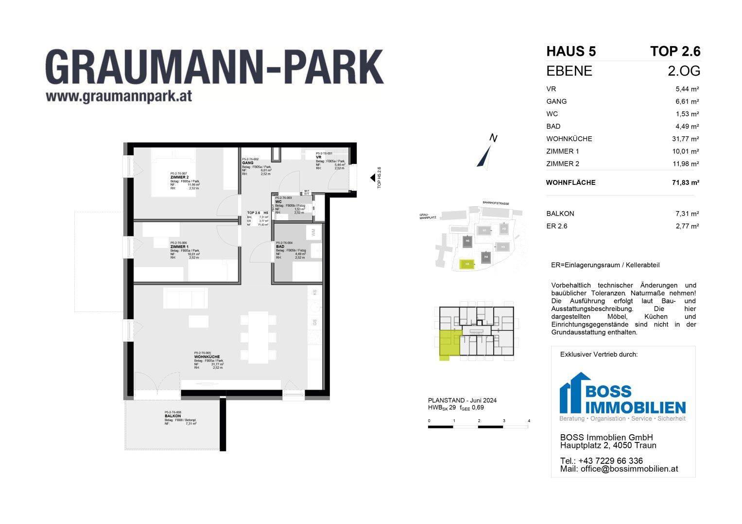 Grundriss für Haus 5, Top 2.6, zeigt eine Wohnküche und zwei Zimmer mit Balkon.