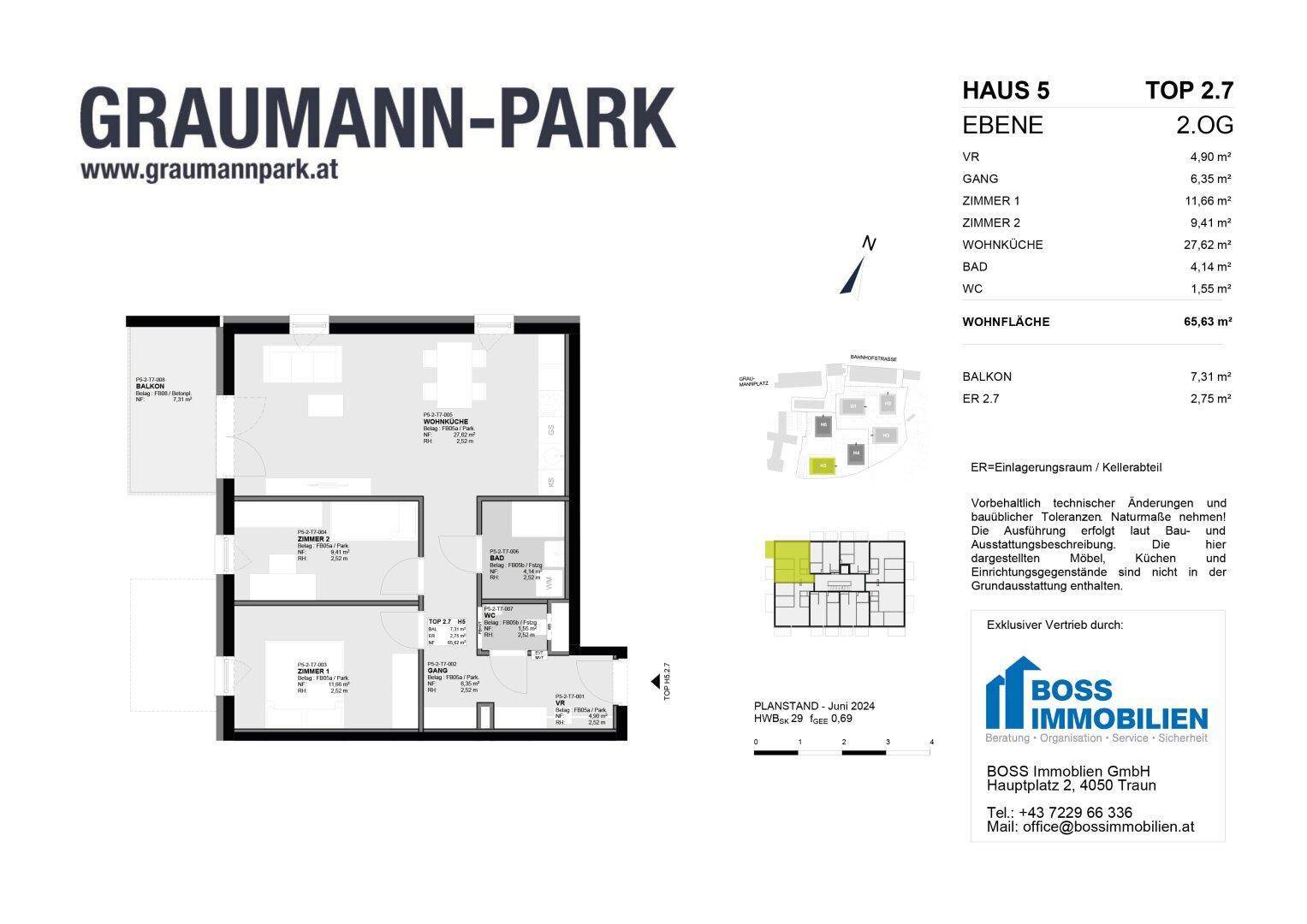 Grundriss einer modernen Wohnung mit offener Wohnküche, zwei Schlafzimmern und Balkon.