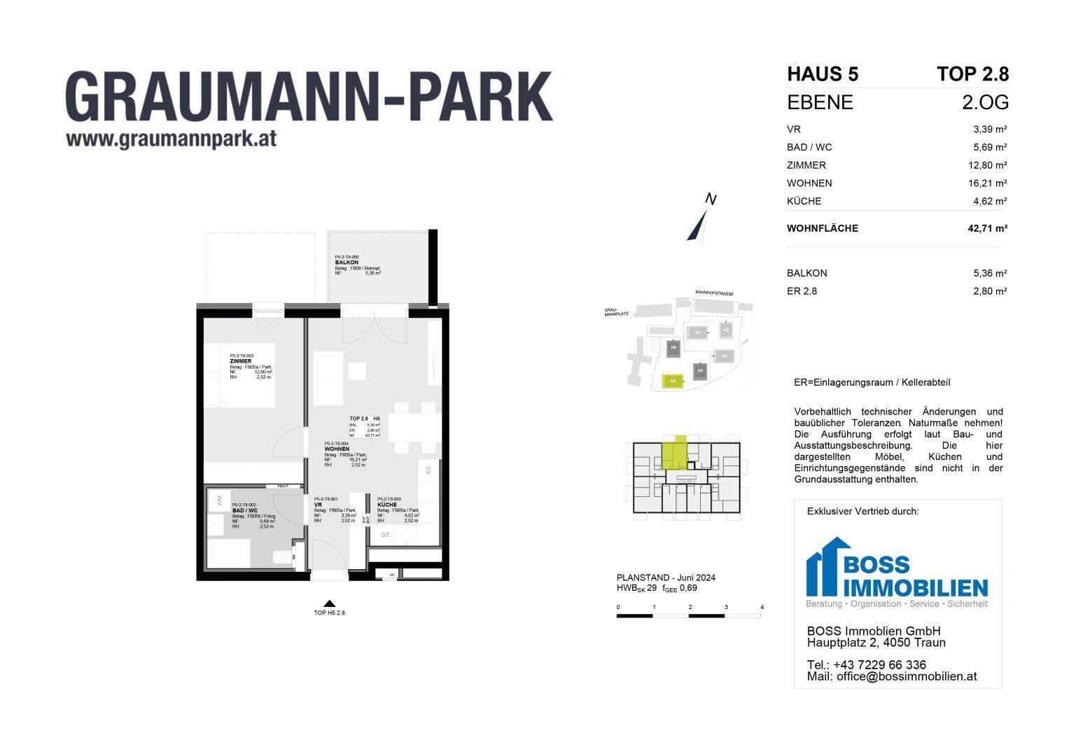 Grundriss für Wohnung Top 2.8 im Haus 5 des Graumann-Parks mit Balkon.