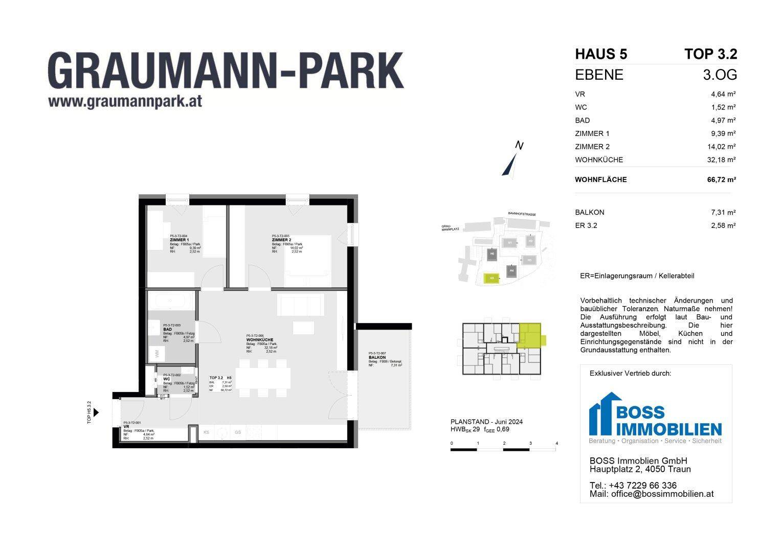 Grundriss einer Wohnung im Graumann-Park mit Balkon und offener Wohnküche.
