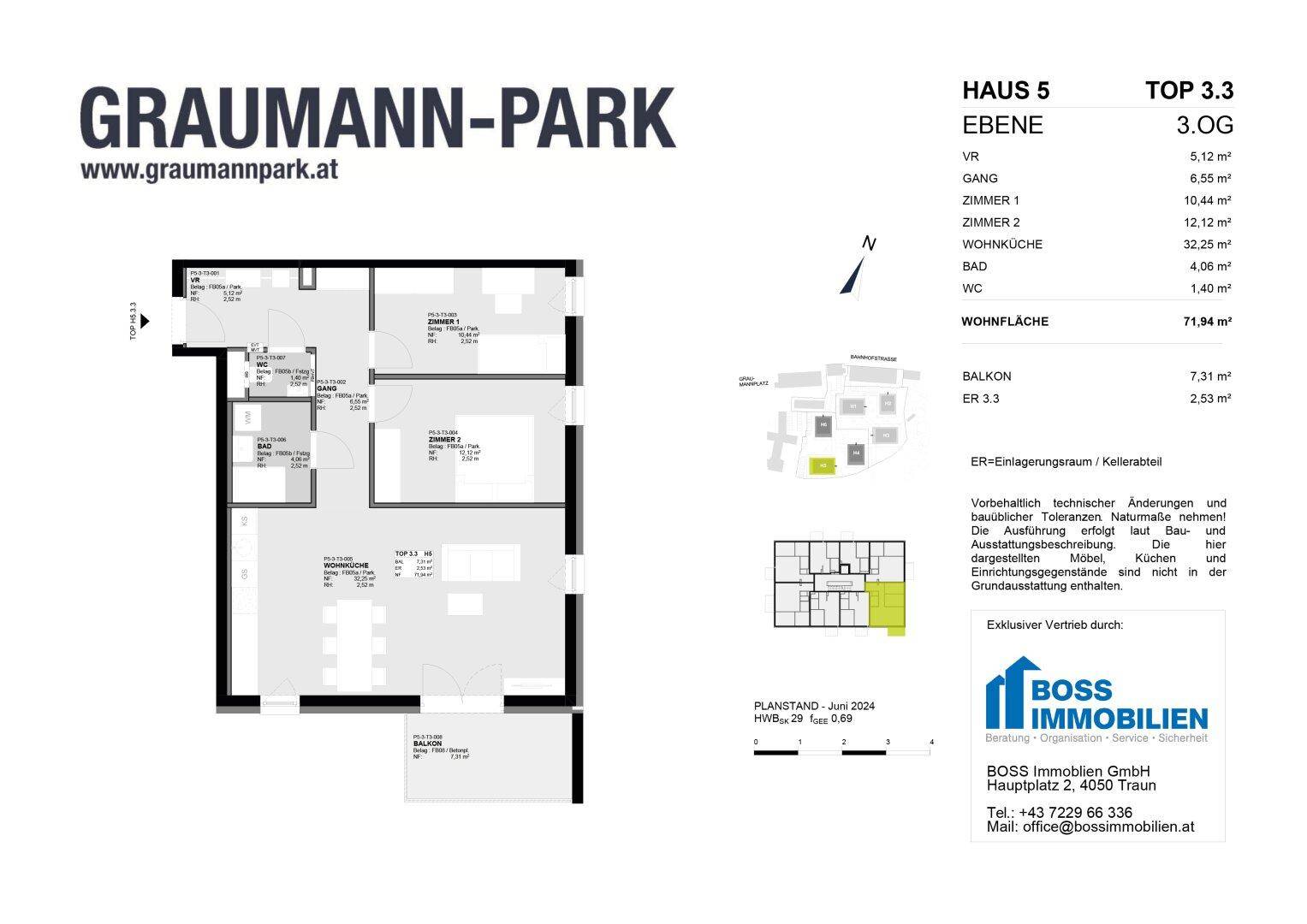 Grundriss für eine 71,94 m² Wohnung im 3. Obergeschoss mit Balkon und offener Wohnküche.