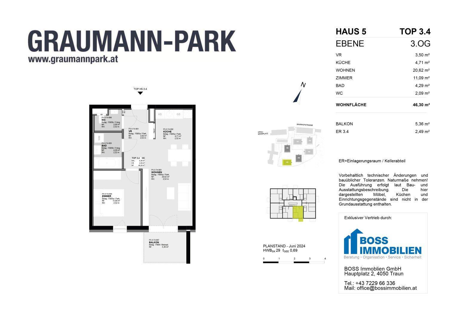 Grundriss einer Wohnung im 3. Obergeschoss mit 46,30 m² Wohnfläche und Balkon.