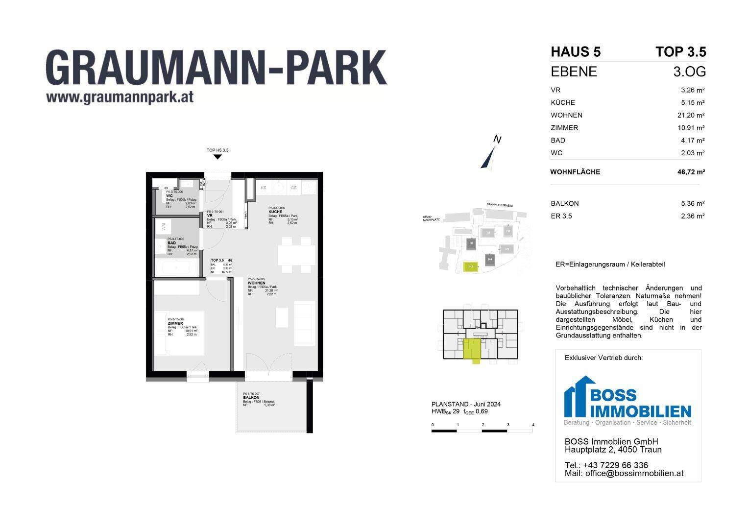Grundriss einer 3-Zimmer-Wohnung mit offenem Wohnbereich, separatem WC und Balkon.