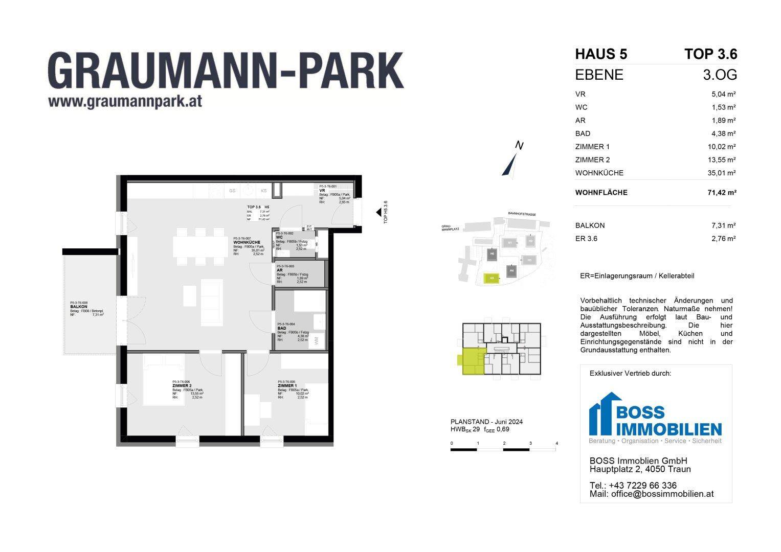 Grundriss einer Wohnung mit drei Zimmern, offenem Wohnbereich und Balkon.