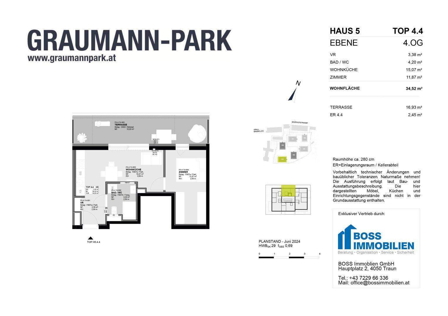 Grundriss einer Wohnung mit offenem Wohnbereich und großer Terrasse.