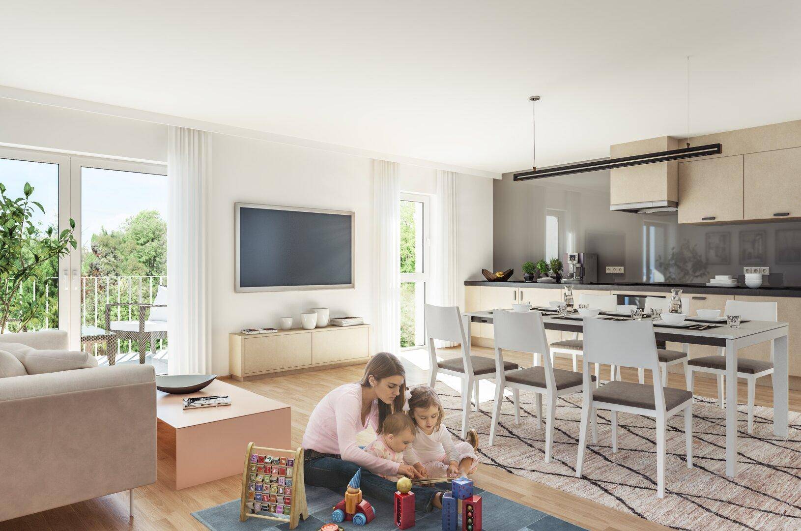 Moderner offener Wohn-Essbereich mit integrierter Küche und Balkonzugang, ideal für Familien.