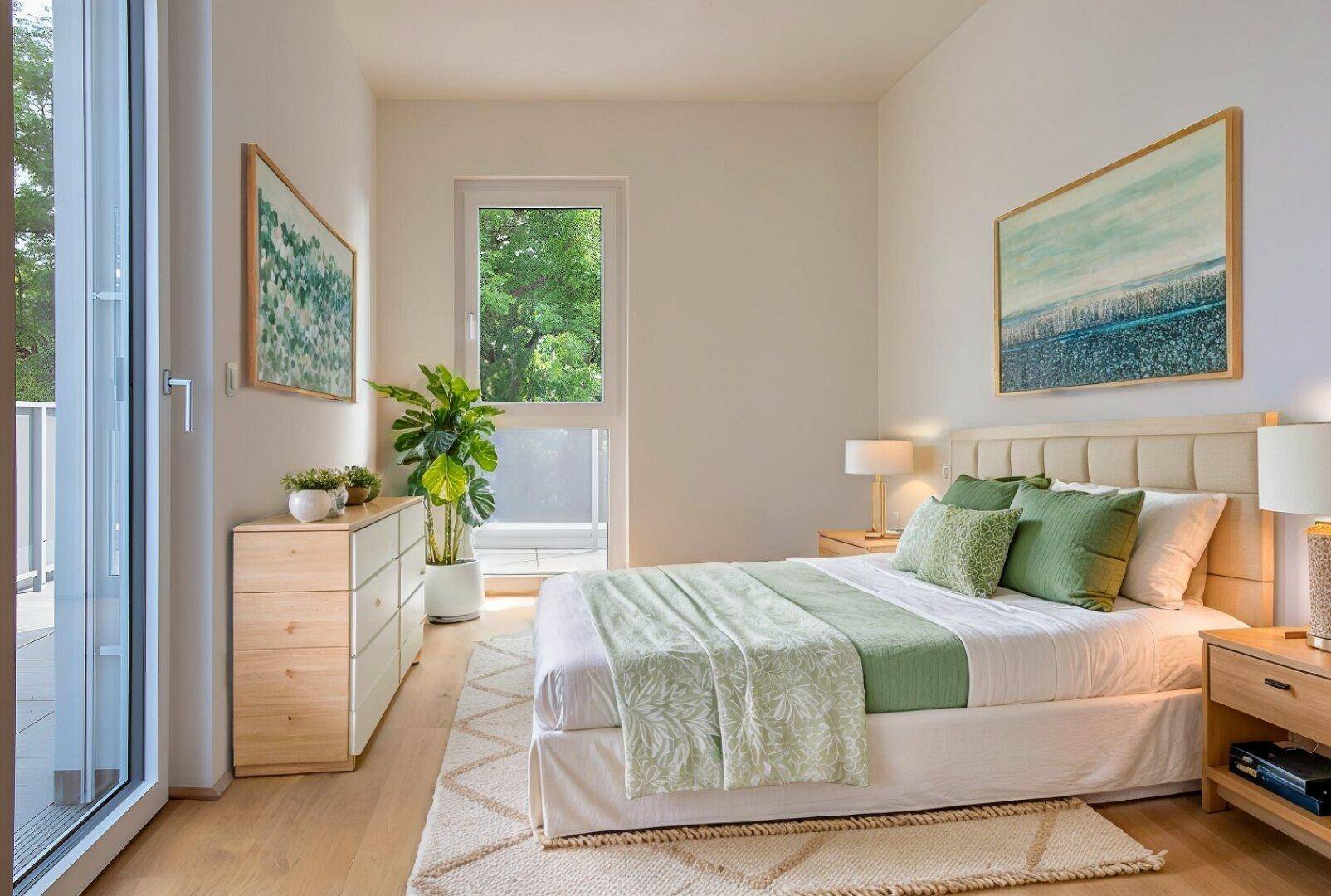 Helles Schlafzimmer mit modernem Doppelbett, Holzmöbeln und Zugang zu einem Balkon.
