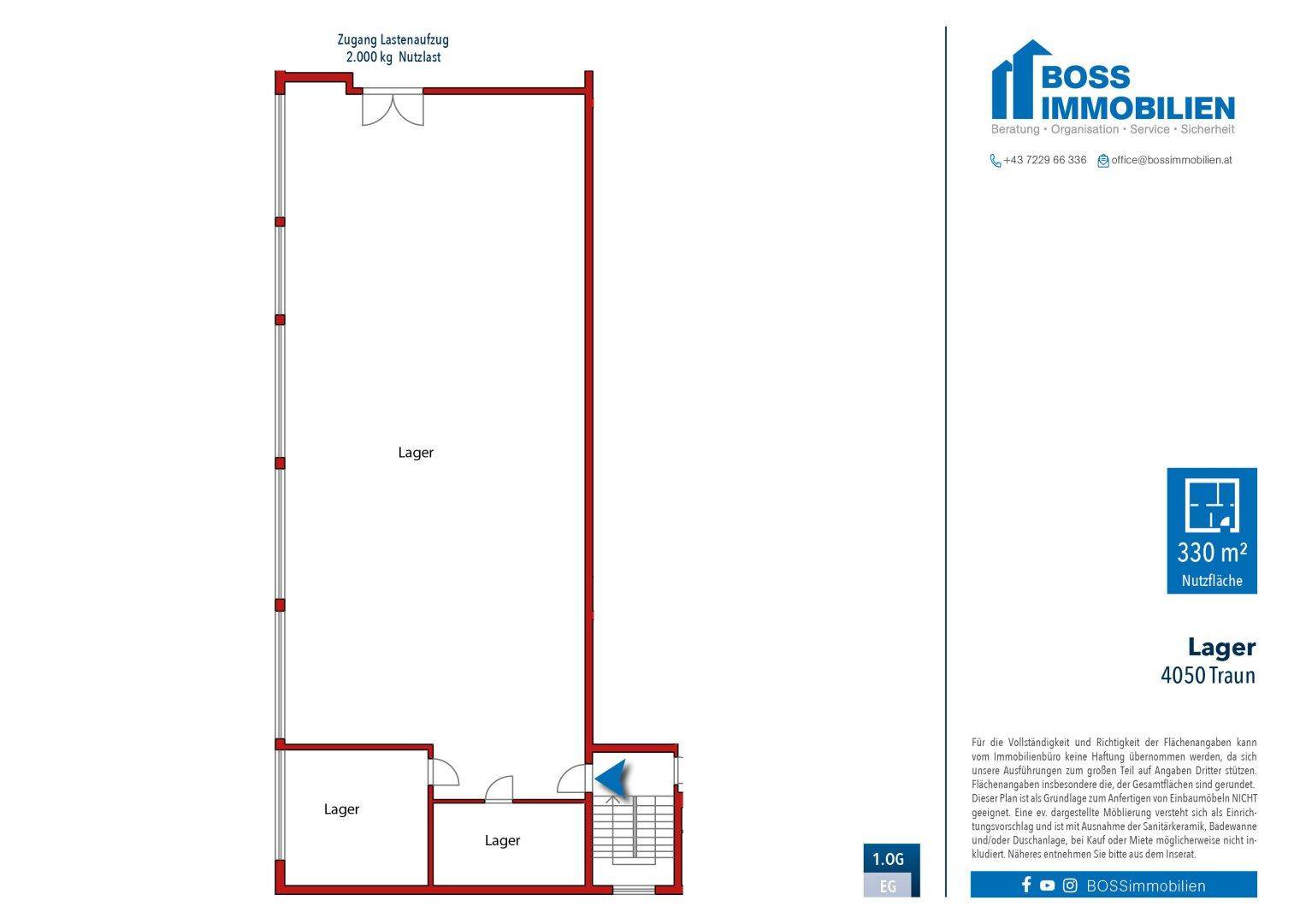 Grundrissplan eines Lagerbereichs mit einer Nutzfläche von 330 m² und Lastenaufzug.