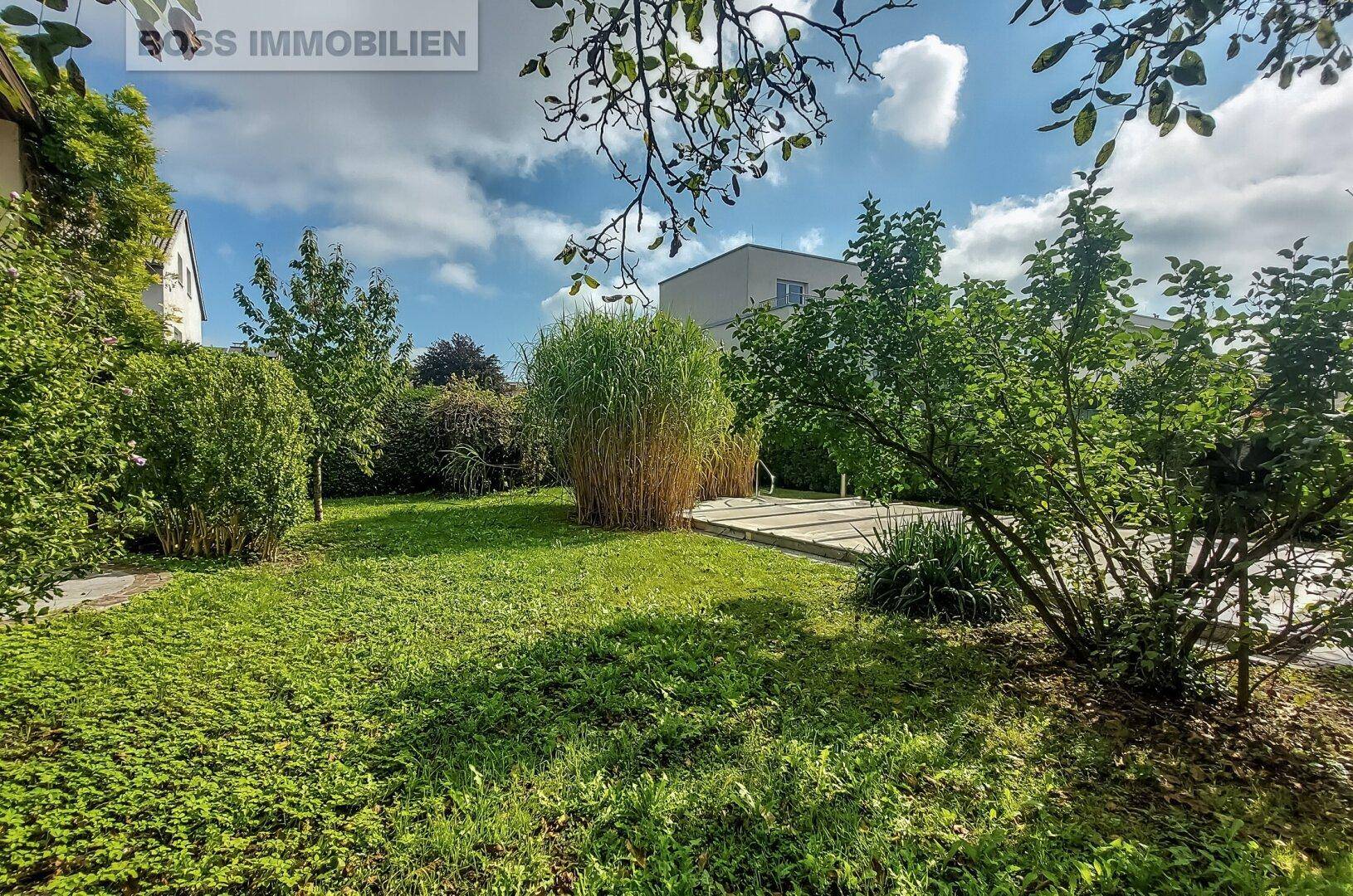 Grüner Gartenbereich mit Rasen, hohen Pflanzen und Blick auf das Nachbarhaus.
