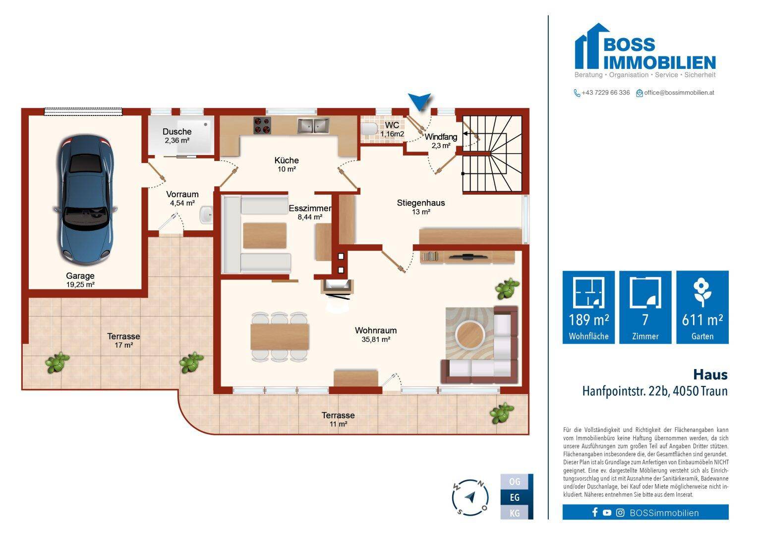 Grundriss des Erdgeschosses mit Wohnraum, Küche, Garage und zwei Terrassen.