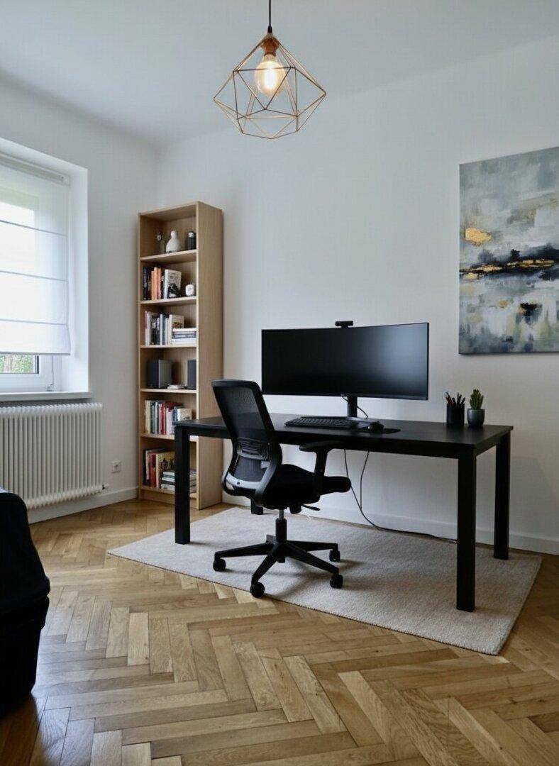 Ruhiges Arbeitszimmer mit Parkettboden, Schreibtisch und Bücherregal.