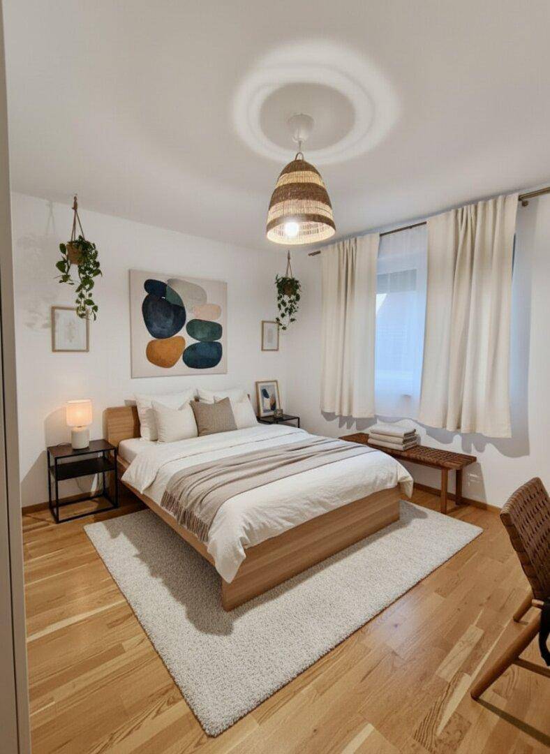 Helles Schlafzimmer mit Holzboden, Doppelbett und dekorativen Pflanzen.