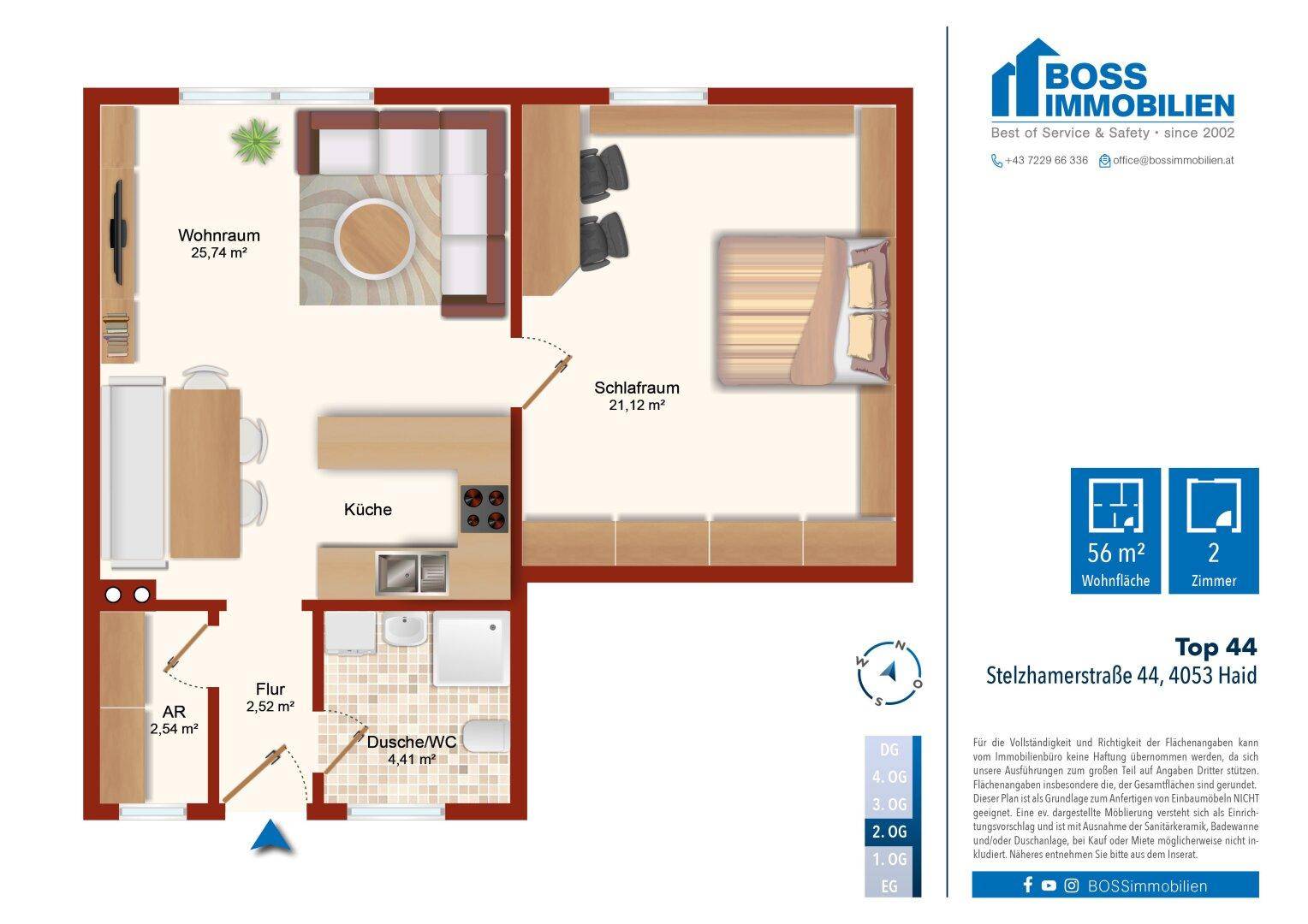 Grundriss einer 2-Zimmer-Wohnung mit 56 m² Wohnfläche, inklusive Wohnzimmer, Schlafzimmer und Küche.